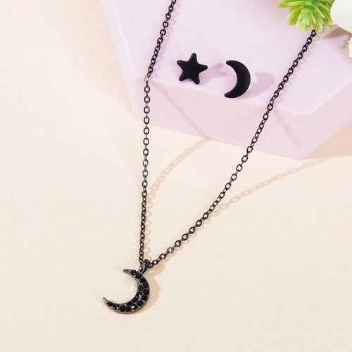 Black Moon Anhänger mit Mond- und Stern-Ohrstecker-Set Himmlisch