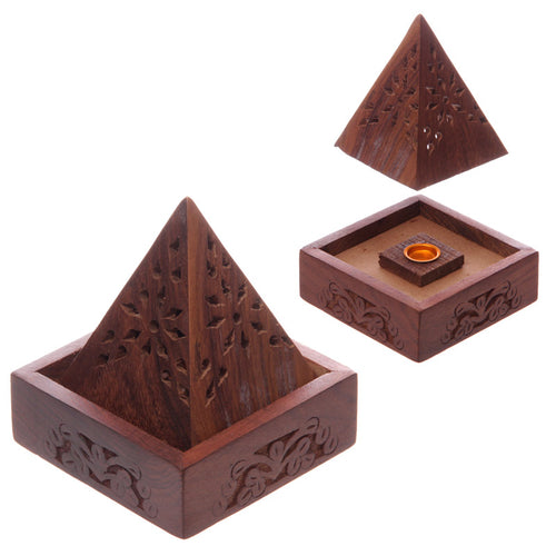 Räucherkegel-Box Pyramide Sheesham-Holz mit durchbrochener Schnitzerei