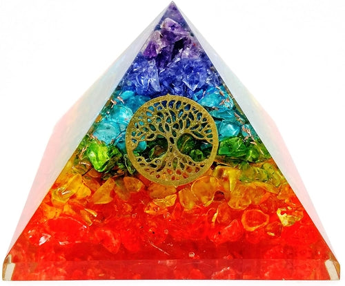 Orgonpyramide der sieben Chakren mit Lebensbaumsymbol