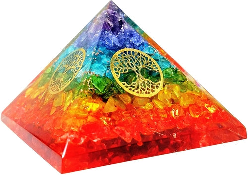 Orgonpyramide der sieben Chakren mit Lebensbaumsymbol