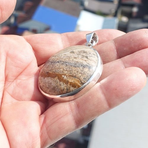 Minimalist Brown Jasper Silver Amulet, Sterling Silver Pendant,