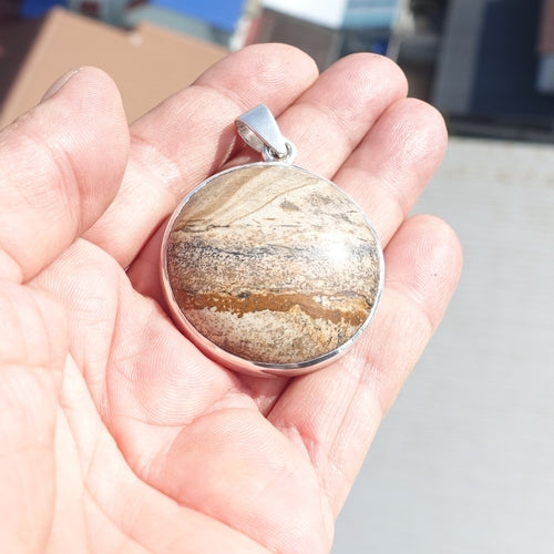 Minimalist Brown Jasper Silver Amulet, Sterling Silver Pendant,