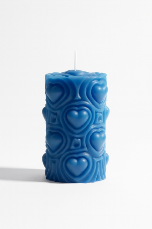 Blue Pillar Candle with Textured Heart Pattern