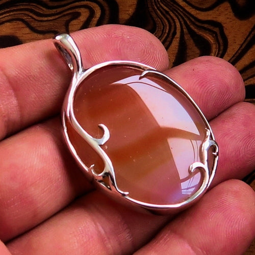 Orange Agate Pendant, Sterling Silver Amulet, Floral Design, Artwork