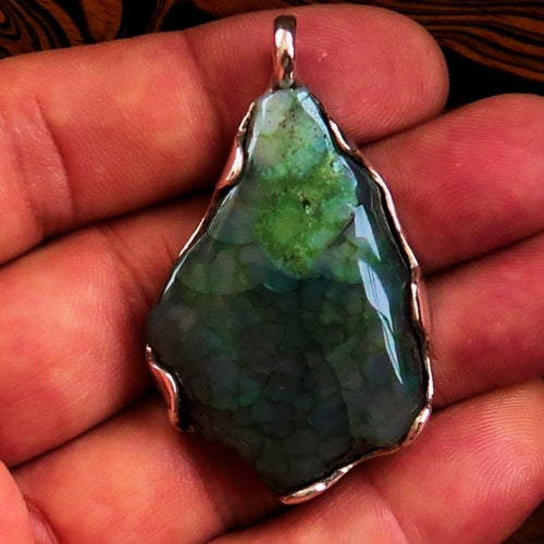 Green Agate Amulet, Sterling Silver Pendant, Artwork Pendant, green