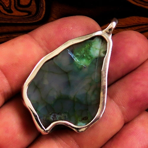 Green Agate Amulet, Sterling Silver Pendant, Artwork Pendant, green