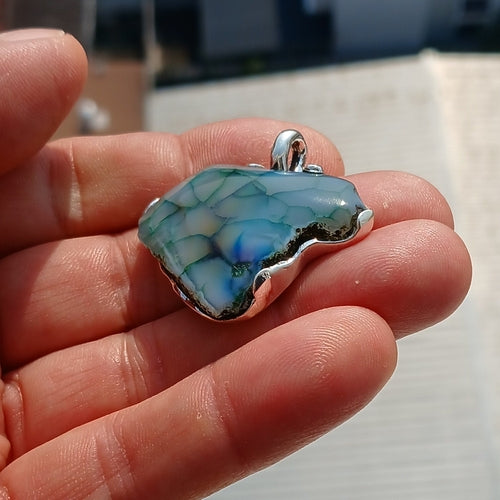 Greenish Agate Amulet, Sterling Silver Pendant, Artwork Pendant, green
